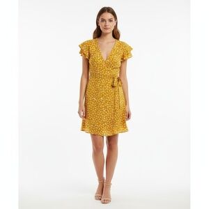 Harper Women's Wrap Dress Mustard Yellow Floral V-Neck Ruffle Sleeve Size M